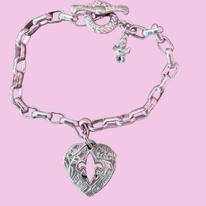 NOLA Sterling Silver Link Bracelet Fleur de Lis Heart Charm 8" Valentines Gift